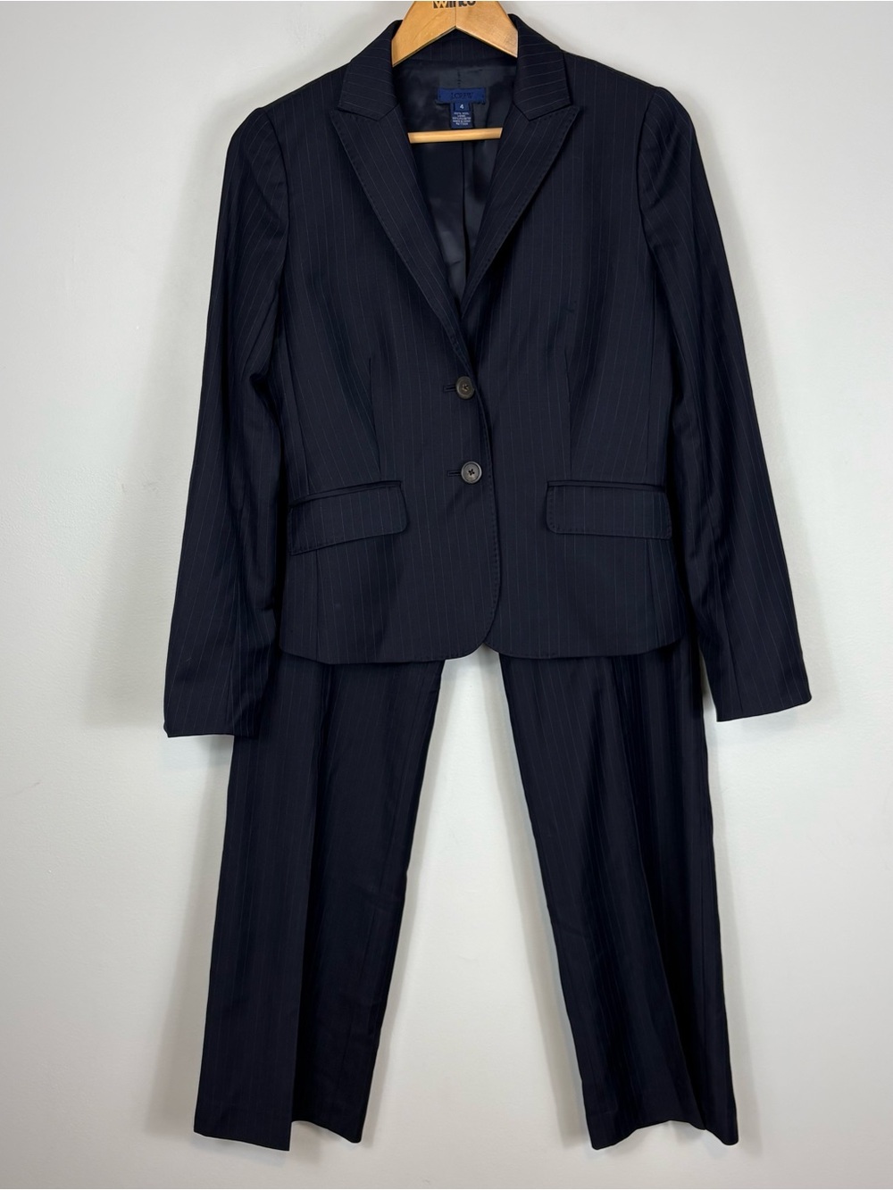 J Crew Womens Navy Pinstripe Wool Pant Suit Blazer City Fit Pants Super 120s
